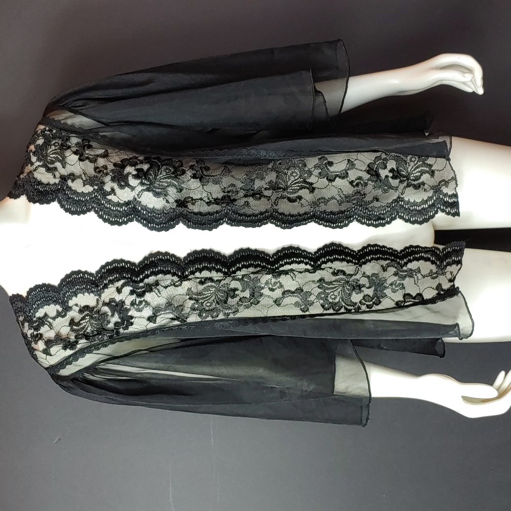 Vtg Embroidered Lace Trim Sheer Shrug Kimono Robe